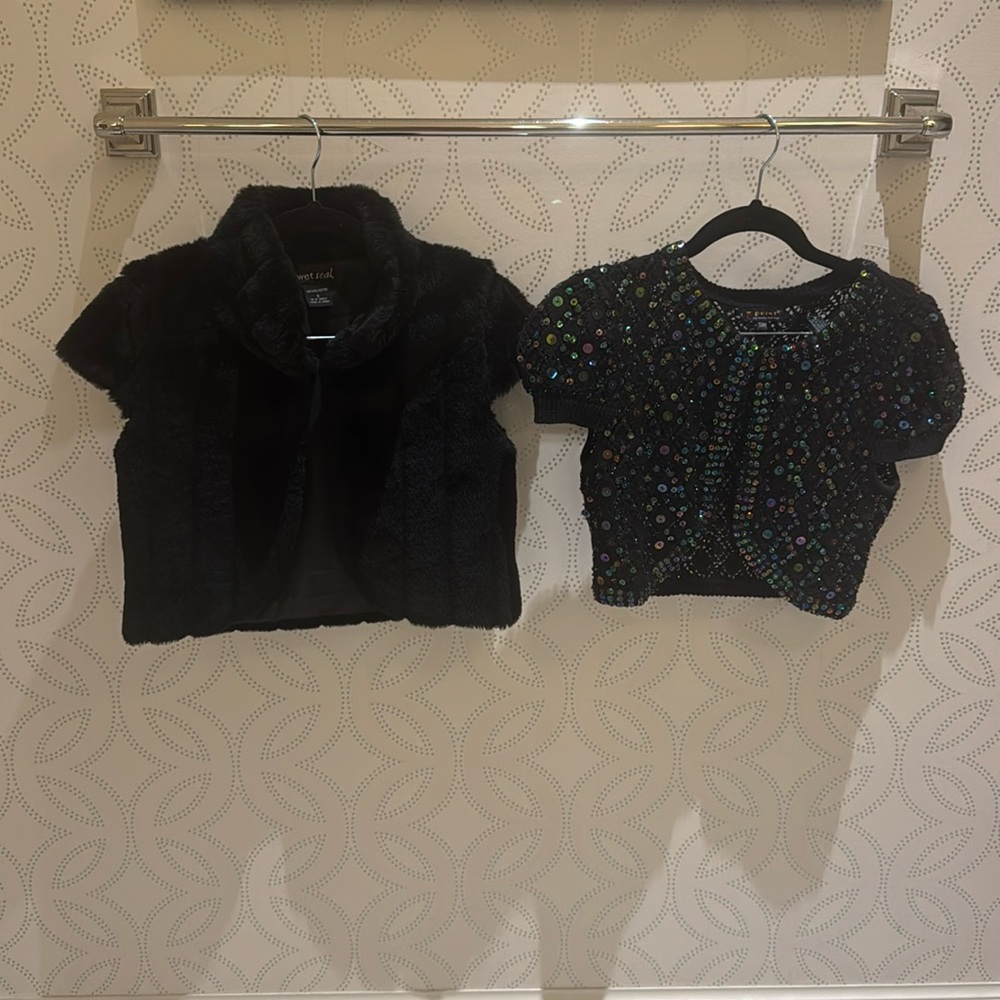 2 awesome black shrugs! Iridescent sequins and Faux Fur. Size S/M Holiday Attire